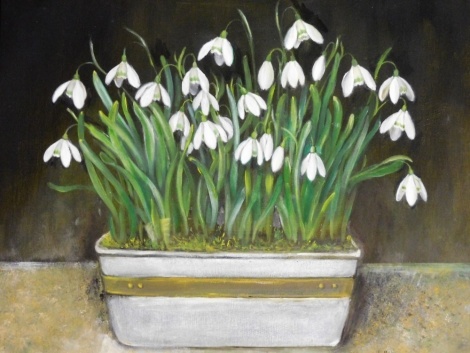 Contemporary English School. A study of snowdrops in a trough, oil on panel, indistinctly signed, 30cm x 31cm.