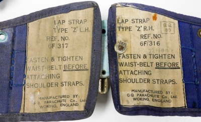 An airman's parachute release belt, with central release on blue material straps. - 2