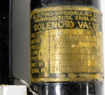 An Electro Hydrolics Limited solenoid valve, serial number EHLW/18E 738, 20cm long. - 3