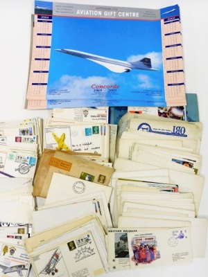 A group of aviation and other first day covers and postcards, the collection of Royal Air Force 30th Anniversary and other anniversary, Battle of Britain and other first day covers, a 2004 aviation gift centre wall calendar for the Concorde and a group of