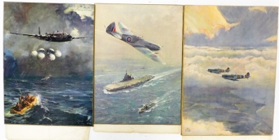 Three aviation prints, to include The Souvenir of Vicars Warwick The Sea Shall Not Have Them with presentation certificate, 33cm x 24cm, another after CE Turner, Seafires Still Serving The Fleet, 33cm x 24cm, and another Souvenir Of The Super Marine Sea F