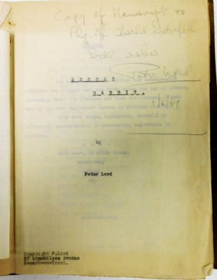 A signed copy of The Ashley File for Dessert rabbit, named with Peter Lord from February 1959-July 1960, including correspondence with local papers, pencil signed copy of the manuscript to Dessert Rabbit from Peter Lord dates 1st June 1969.