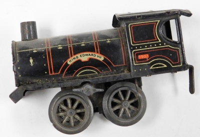 A King Edward VII clockwork tin plate train, and two various carriages and an LNWR Bavarian carriage end and some loose track. - 2