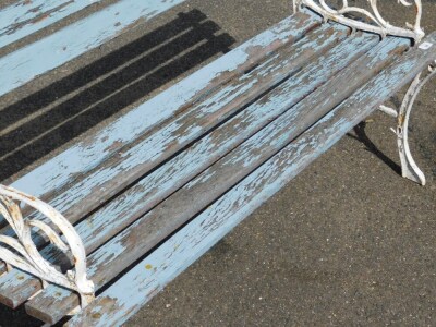 A cast metal garden bench, with blue painted wooden slats and white painted ends, 72cm high, 122cm wide, 42cm deep. - 3