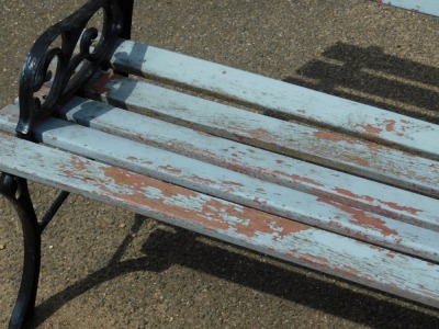 A cast metal garden bench, with blue painted wooden slats and black painted ends, 72cm high, 122cm wide, 42cm deep. - 3