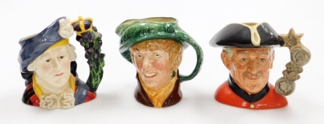 Three Royal Doulton medium character jugs, to include Bonny Prince Charles D6858, Arriet, and Chelsea Pensioner D6817. (3)