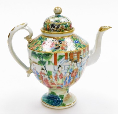 A 19thC Chinese Canton porcelain teapot, of ovoid form, the body with a continuous band of figural decoration, below butterflies and flora on a gilt ground, the domed lid with spherical knop,22cm high. (AF) - 17