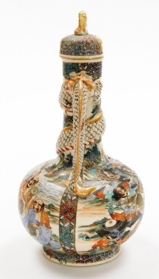 A Meiji period Japanese Satsuma ewer and cover with dog of fo knop, a sinuous dragon forming the handle and spout, painted with samurai and sages, dog of fo knop, marked 'Satsuma' to the base, 26cm high. - 12