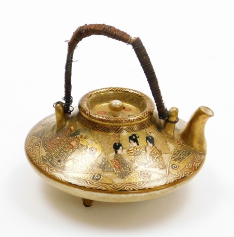 Chinese Vintage Brass Miniature Saki or Tea Pot, Figures