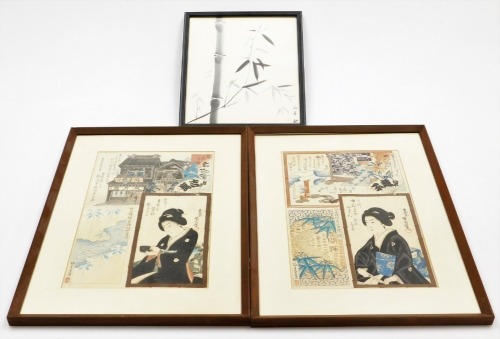 A pair of Japanese woodblock prints by Toyoharu Kunichika, depicting geisha, buildings, etc. (1896), 34cm x 22cm, together with a Chinese print of bamboo, 26½cm x 23cm.