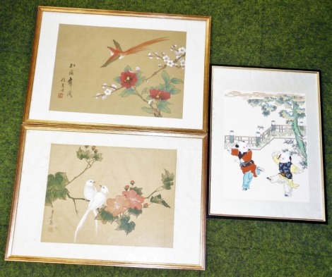 Two Chinese watercolours on silk of birds and flowers each signed and inscribed, 27cm x 38cm, together with a print of children playing in the garden, 31cm x 23cm. (3)