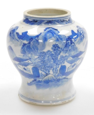 A Chinese blue and white baluster vase, the bulbous body with pavilions in a mountainous landscape, concentric double ring mark to base, 19th century, 12cm high. (AF)