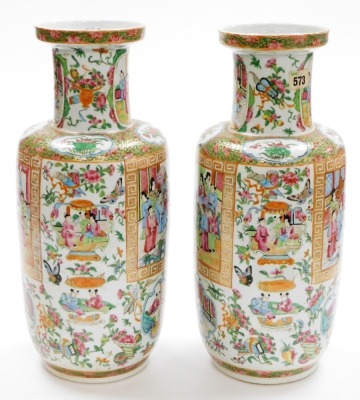 A pair of 19thC Chinese Canton porcelain baluster vases, with scenes of figures at court within a key fret border and background of various butterflies, 44cm high. (AF - minor restoration) Provenance: 1988 Lyall & Co sale at The Bourne Auction Rooms of th - 7