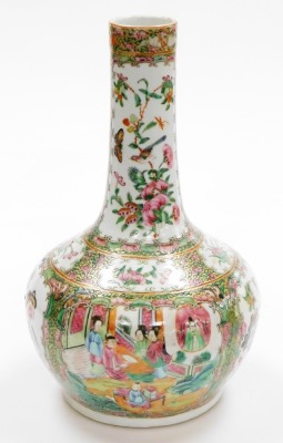 A 19thC Chinese Canton porcelain bottle vase, with slender neck, decorated in enamels with traditional court scenes and opposing panels of birds and flora, 35cm high. (AF - heavily restored with most of the bottom section having been rebuilt) - 7