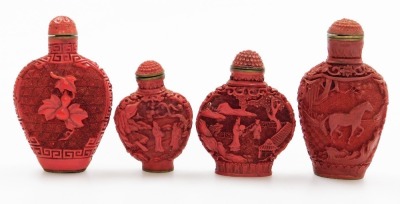 Three Chinese overlay glass snuff bottles and others, including four moulded composite bottles, and an agate bottle carved with fruiting peach. (8) - 12