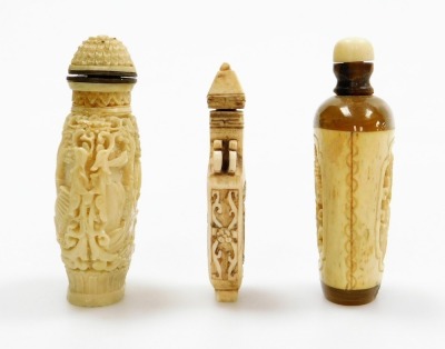 A collection of modern Chinese snuff bottles, including a carved bone bottle, two enamel bottles and two porcelain bottles, etc. (7) - 3