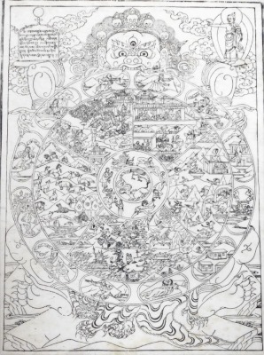 A Tibetan woodblock print on paper, of a Mandala depicting the circle of life, 65cm x 48cm, framed and glazed.