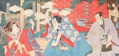 A Japanese woodblock triptych by Kunisada III, depicting a kabuki play with Nakamura Shikan playing the role of Teroka Heiemon and Okaru in the role of Nakaumura Fukuse, circa 1887, 35cm x 71cm overall.