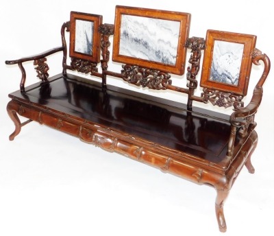 A Chinese hardwood three seater sofa, carved in imitation bamboo and inset with three marble panels to the back, ref brocade cushion, 92cm high, 71cm wide, 60cm deep. - 2