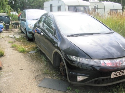 A group of five scrap cars, Honda Civic, registration SC08 GGJ, Citreon Picasso , registration YP03 FGA, Peugeot 206, registration LG51 UAX, Ford Fiesta SL06 XTY, Vauxhall Vectra DS54 MJV. - 5