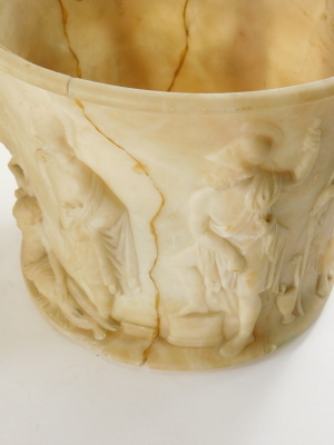 A pair of 19thC carved alabaster vases, each decorated with Neo Classical figures, etc., lacking bases, (AF), 19cm high, 23.5cm diameter. - 4