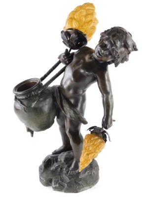 Auguste Moreau. Putti carrying a water jar, hands mounted as lights, each with a glass shade moulded as a flame, spelter, signed to base, 65cm high.