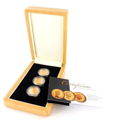 A Queen Elizabeth II proof sovereign three coin set, comprising three full sovereigns in a fitted case, with certificates.