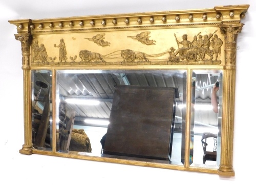 A 19thC overmantel mirror, the inverted breakfront frieze mounted with spheres above a panel depicting figures, lions pulling a chariot, etc. and a central bevelled rectangular plate flanked by two further plates and reeded pilasters, 91cm high, 148cm wid