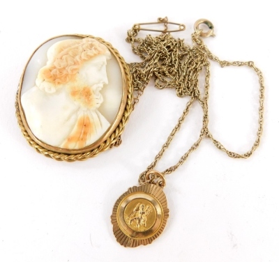 A late 19thC shell cameo brooch, depicting a male figure in gilt frame 3cm wide, together with a 9ct gold St Christopher pendant, on a gold plated chain, the pendant 2.5g. (2)