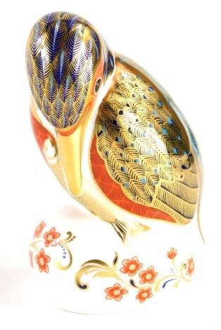 A Royal Crown Derby porcelain paperweight of a Kingfisher, with silver coloured stopper, 10cm high, boxed.