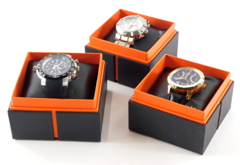 A collection of three Adee Kaye of Beverley Hills gentleman's wristwatches, comprising stainless steel and gold effect, all with boxes.