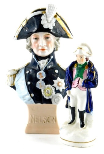 A continental porcelain bust of Horatio Nelson, 17cm high, and a Staffordshire figure of Napoleon Bonaparte, 13cm high. (2)