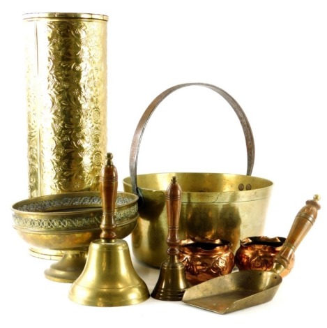 A quantity of metal work, to include a brass and iron preserve pan, pair of Art Nouveau hammered copper small jardinieres, two bells and an embossed umbrella stand.