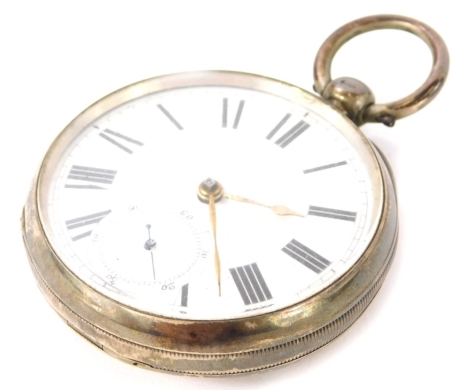 A Victorian silver cased pocket watch, Waltham Mass, with an enamel Roman numeric dial, Birmingham 1883.