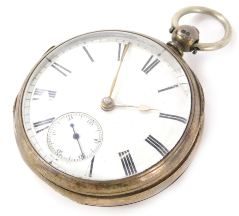 A Victorian silver cased pocket watch, with an enamel Roman numeric dial, fusee movement stamped 66465, London 1877.