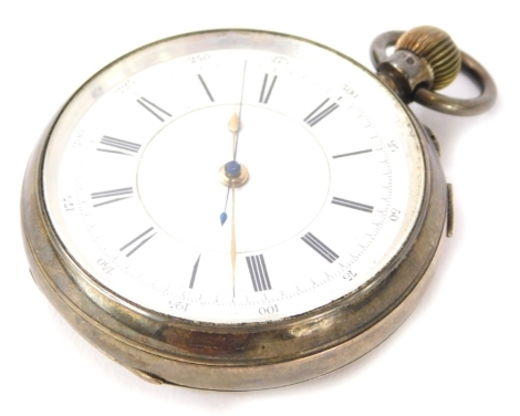 A Victorian silver cased chronograph pocket watch, stamped 27466, with enamel Roman numeric dial, Chester 1896.