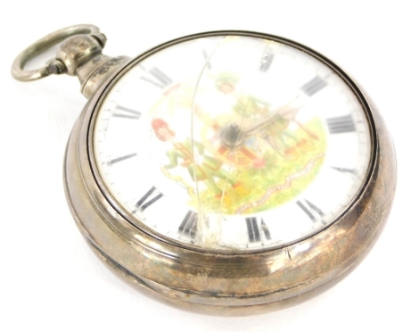 A Victorian silver cased pocket watch, by William Green Grantham, 427, with enamel dial painted with standing figures, with fusee movement, Birmingham 1841, with an outer case.