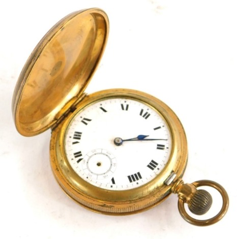 A continental gold plated hunter pocket watch, with engine turned decoration, the enamel dial with Roman numerals, the movement unmarked. (AF)