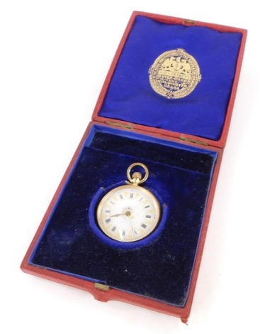 A continental fob watch, with white enamelled dial picked out in gilt with decorations of flowers and hand painted flower detailing, with brass hands, in an embossed floral case, yellow metal stamped K14, bezel wind, 47.8g all in, in a John Bennett of Lon