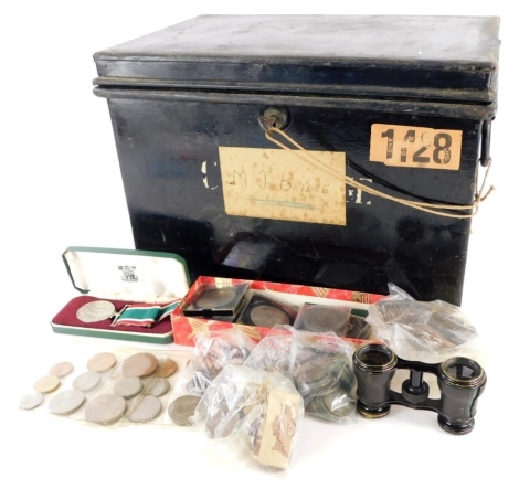 A quantity of coins, a Women Voluntary Service Medal, opera glasses, tin deed box, etc.