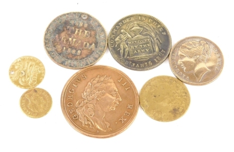 A collection of commemorative coins and tokens, to include a Victoria stamped to Andover 1887, a George III's visit to the city of Bath 1789, a Duke of York and Albany Commander and Chief coin for 1827, hammered metal coin, etc.