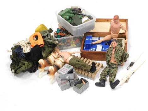 A group of Action Man figures and collectors cars, to include the Fino Classic Motors seven models, two Action Men, plastic soldiers, and various accessories. (a quantity)