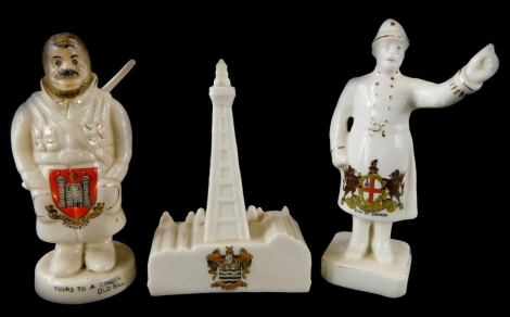 A Carltonware crested figure, titled Yours To A Cinder Old Bill, decorated with the crest of Doncaster, a Goss crested Blackpool Tower and a crested figure of a policeman with the city of London crest. (3)