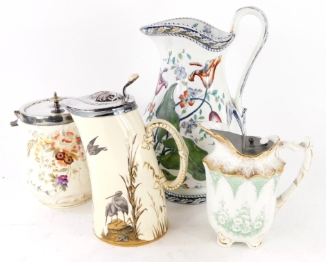 A collection of ceramics, to include a aesthetic movement tusk shaped lidded jug decorated with cranes, etc., picked out in silver and gilt, triangular registration mark to underside, a Royal Bonn biscuit barrel, an Irish pattern wash jug, and a small jug