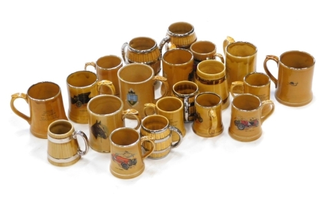 A quantity of Wade barrel shaped tankards, various tankards printed with classic cars, etc. (1 box)