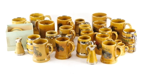 A quantity of Wade brown glazed tankards, some modelled as barrels, others printed with designs of classic cars, etc. (1 box)