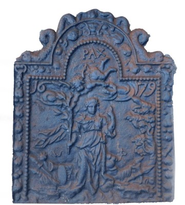 A cast iron fire back, decorated with a figure and with the logan Packs (Peace), bearing date 1679, 75cm high, 60cm wide.