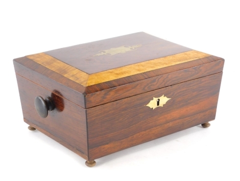 A 19thC and later rosewood workbox, with brass cartouche and side handles, 34cm wide.