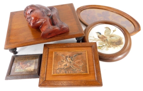 A German terracotta relief moulded plaque, a copper plaque decorated with eagle and a mountain goat, inlaid tray, and other similar wooden items.