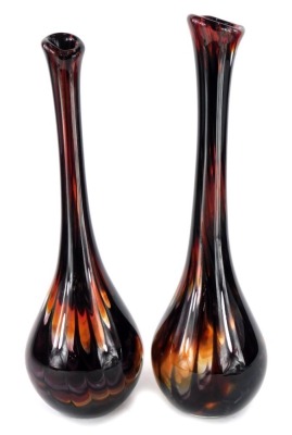 A pair of Art glass bottle shaped vases, in gilt brown and brown glittered inclusions, etc., 47cm and 48cm high respectively.